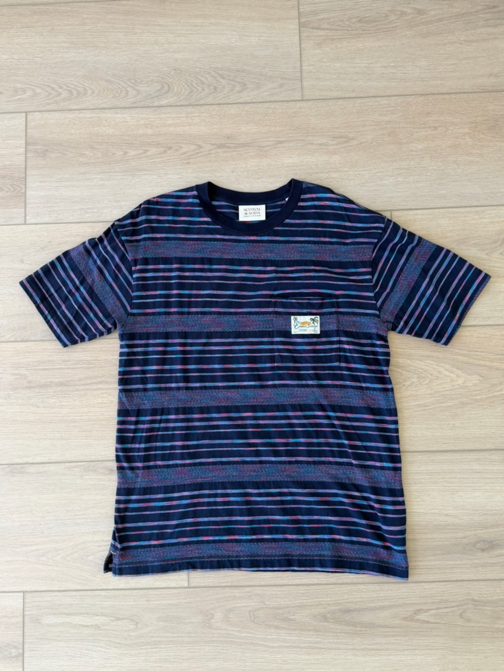 Scotch & Soda - Large - Men’s Striped Navy & Pink Men’s Crewneck T-Shirt